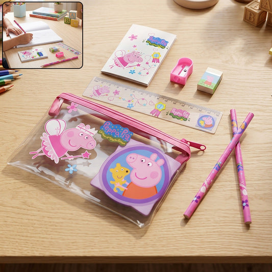 Kids school stationery kit with pencils, eraser, sharpener, ruler and pouch (1 set)