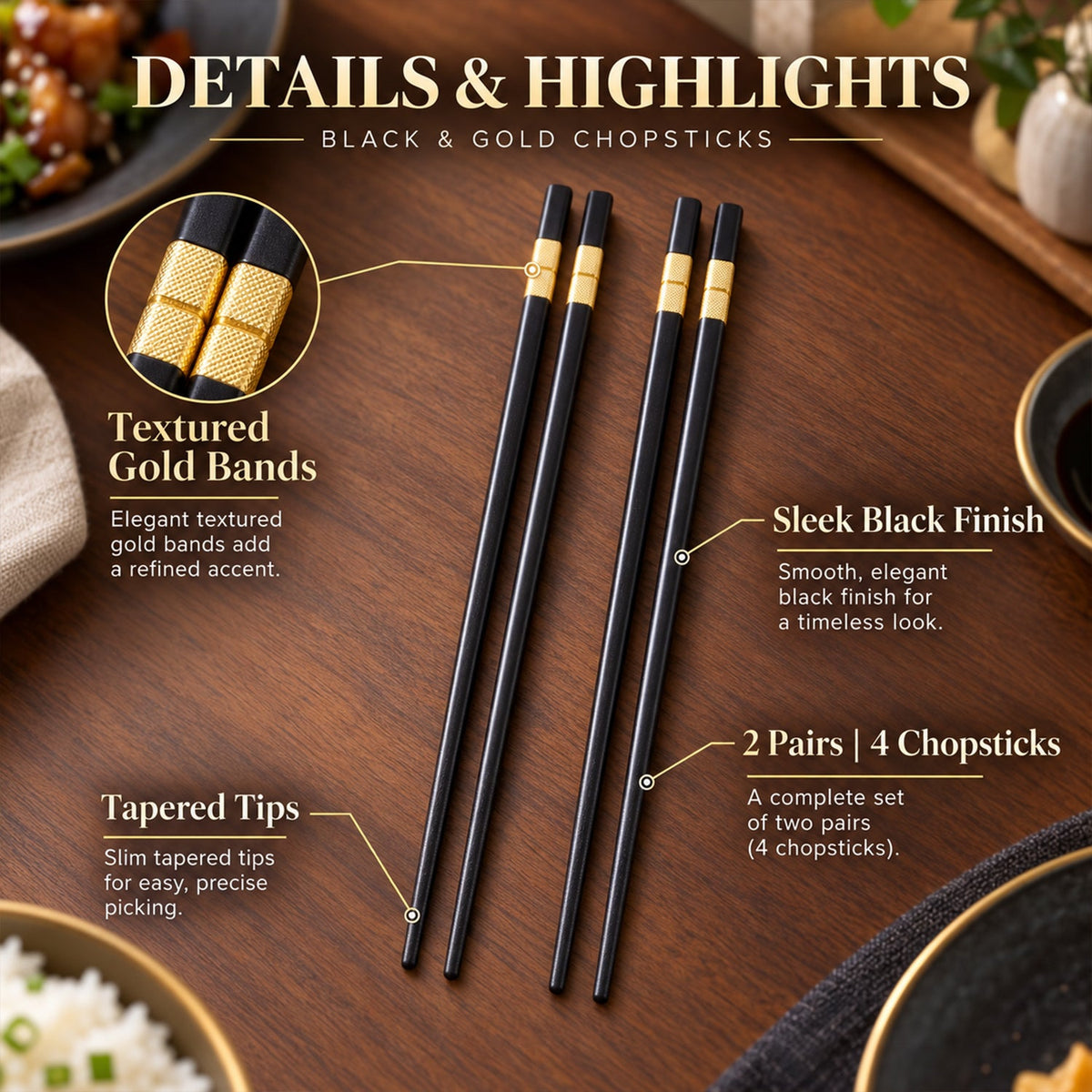 Chopsticks with Gold Tone Bands for Noodles Sushi and Everyday Dining (2 Pair)