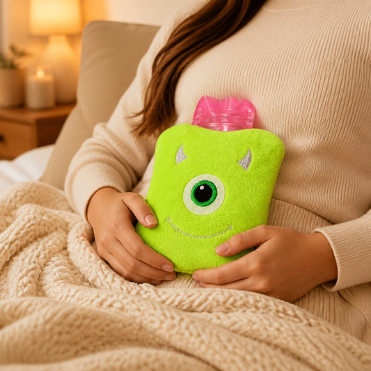 Green One-Eyed Monster Print Small Hot Water Bag with Cover for Pain Relief