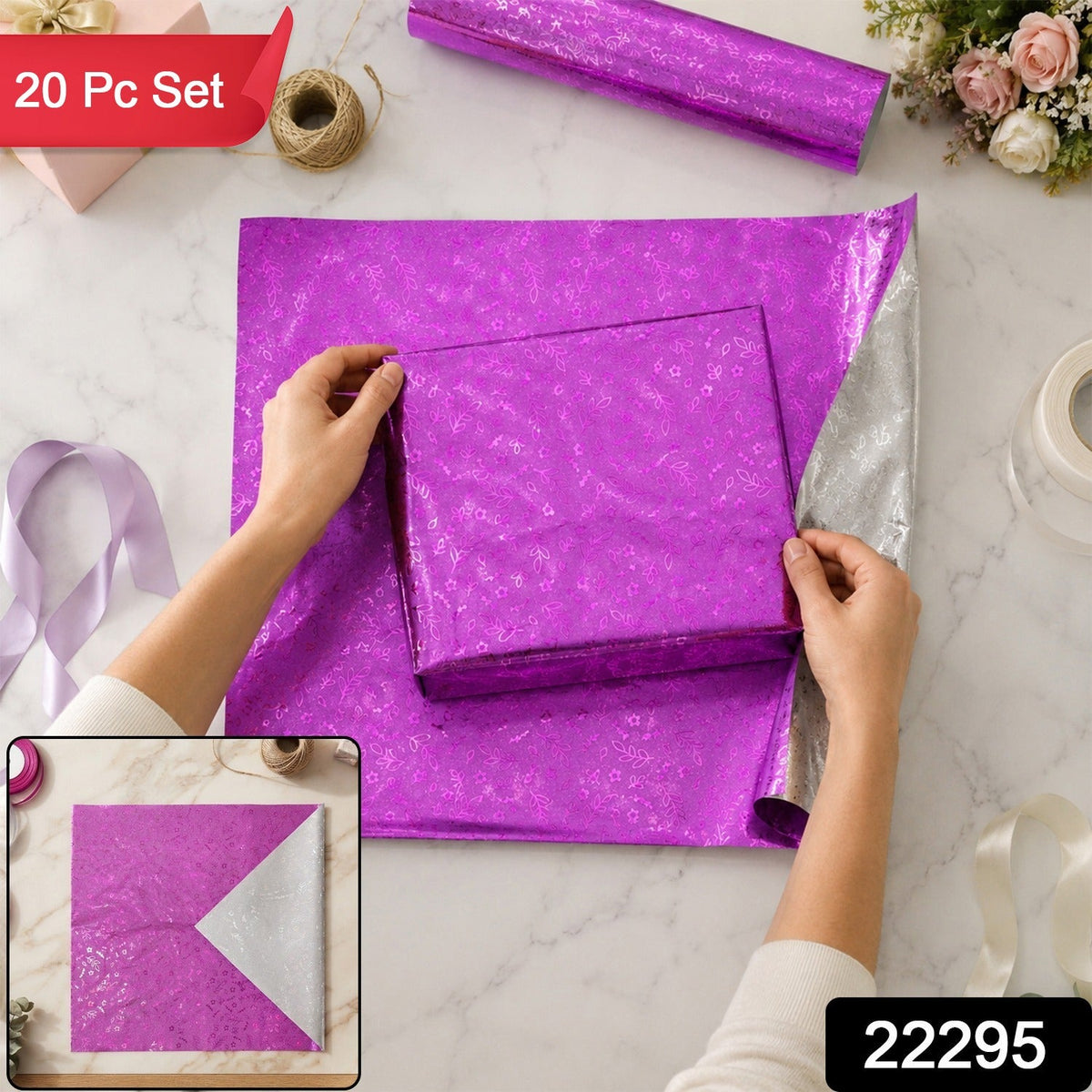 Metallic floral gift wrapping paper, 20 sheet pack