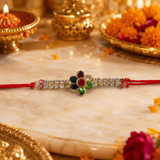 Multicolour floral rakhi with decorative beads and attractive centerpiece for Raksha Bandhan