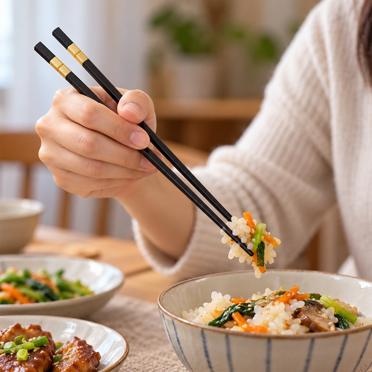 Chopsticks with Gold Tone Bands for Noodles Sushi and Everyday Dining (2 Pair)