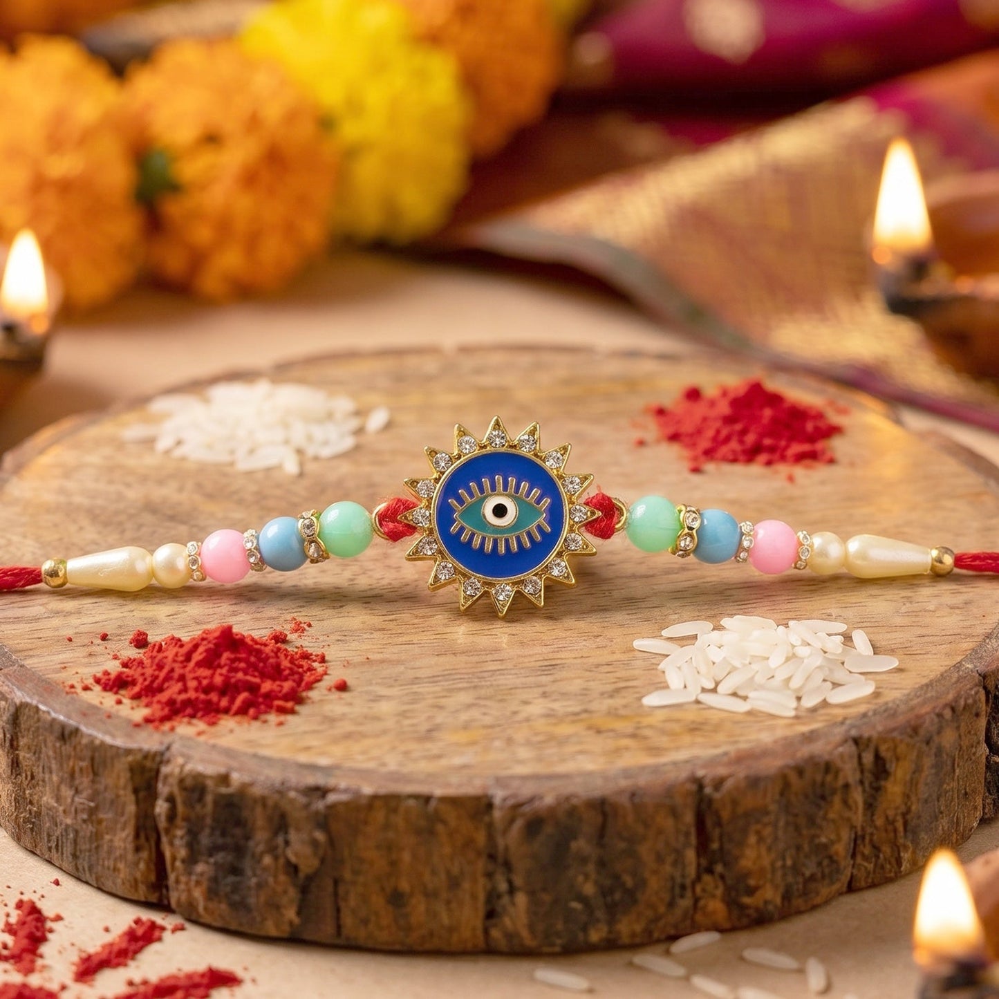 Elegant designer Rakhi with colourful beads and evil eye motif