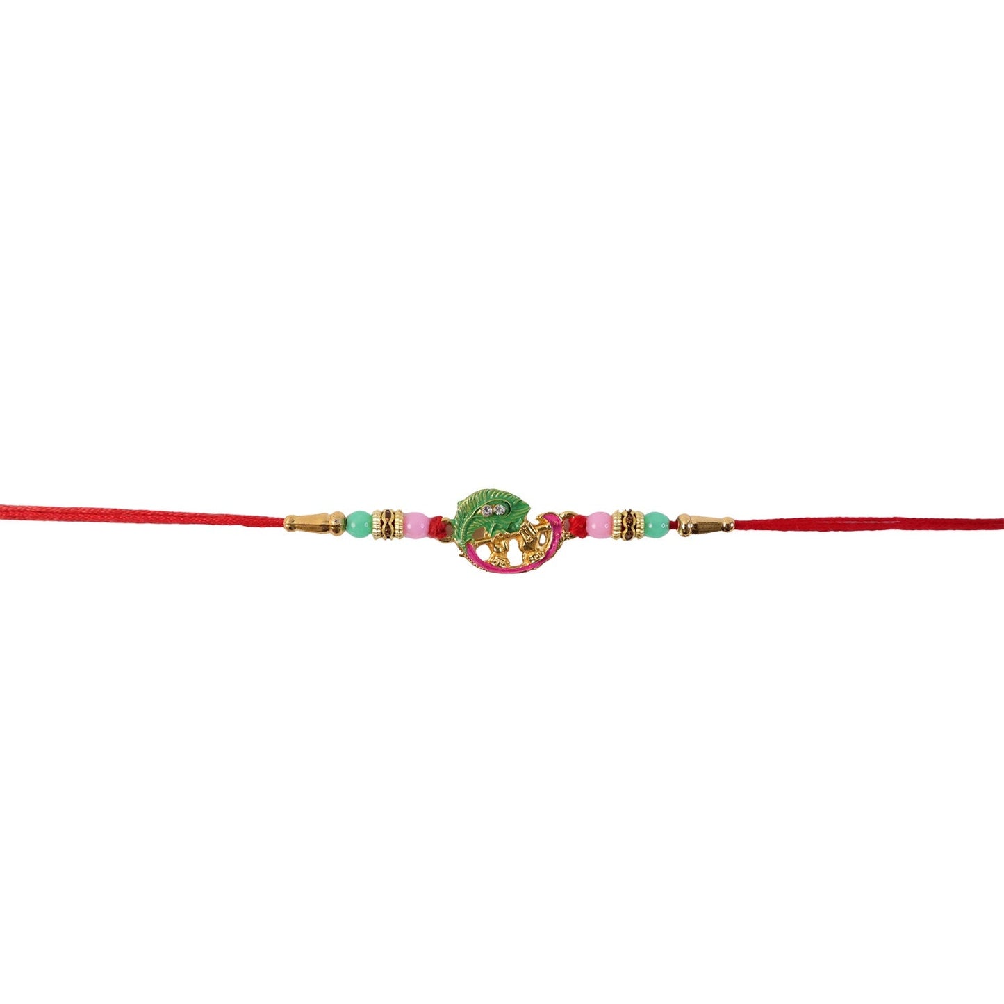 Top view of Mini Krishna Peacock Leaf Designer Rakhi highlighting design details