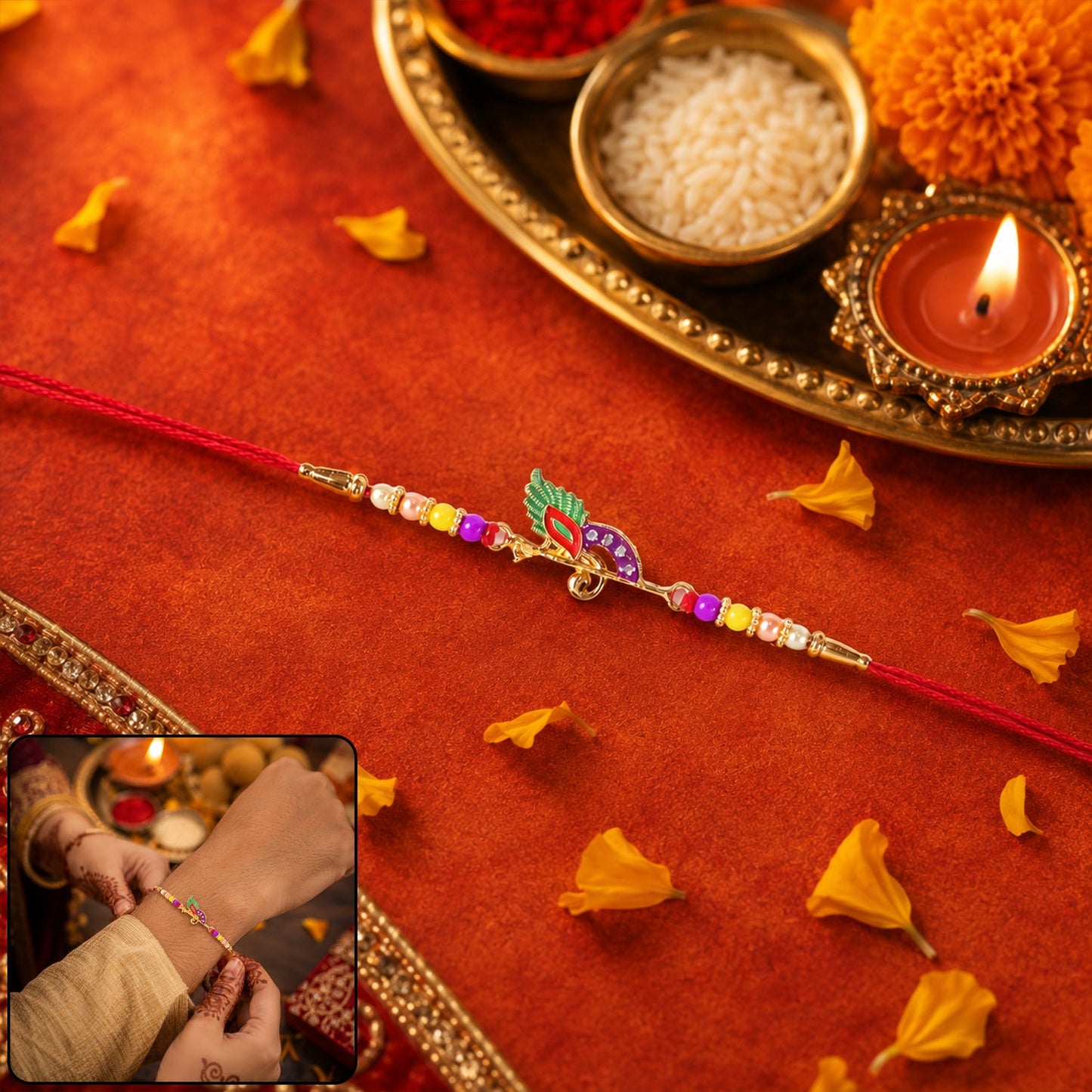 Close-up of vibrant bead details on bird-themed Rakhi