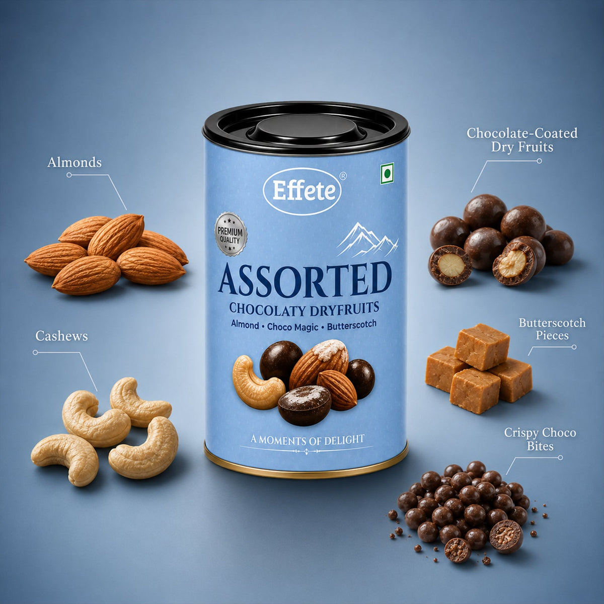 Effete assorted chocolaty dryfruits tin with a single piece held up.