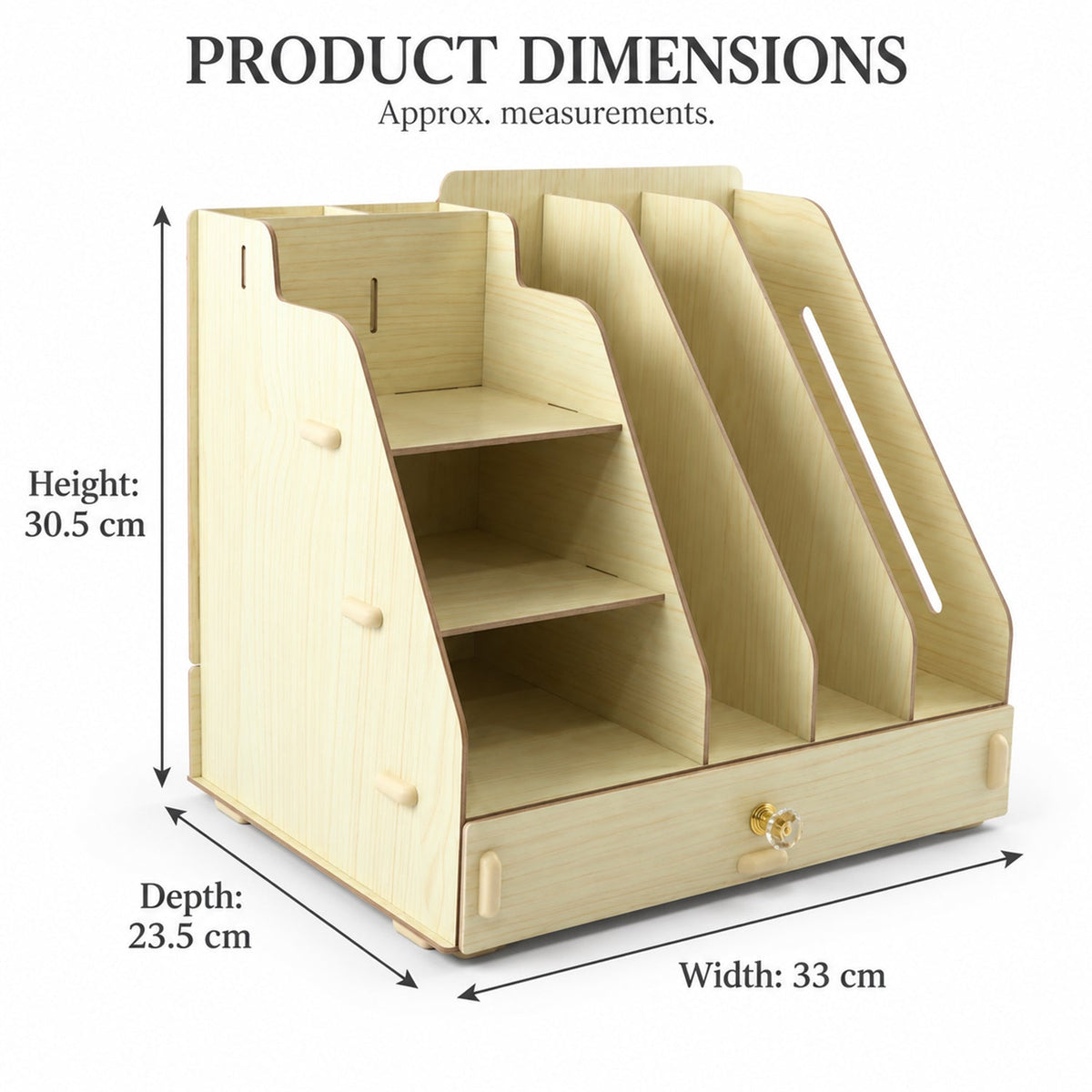 Light wooden desk organizer with labeled dimensions for height, width, and depth.