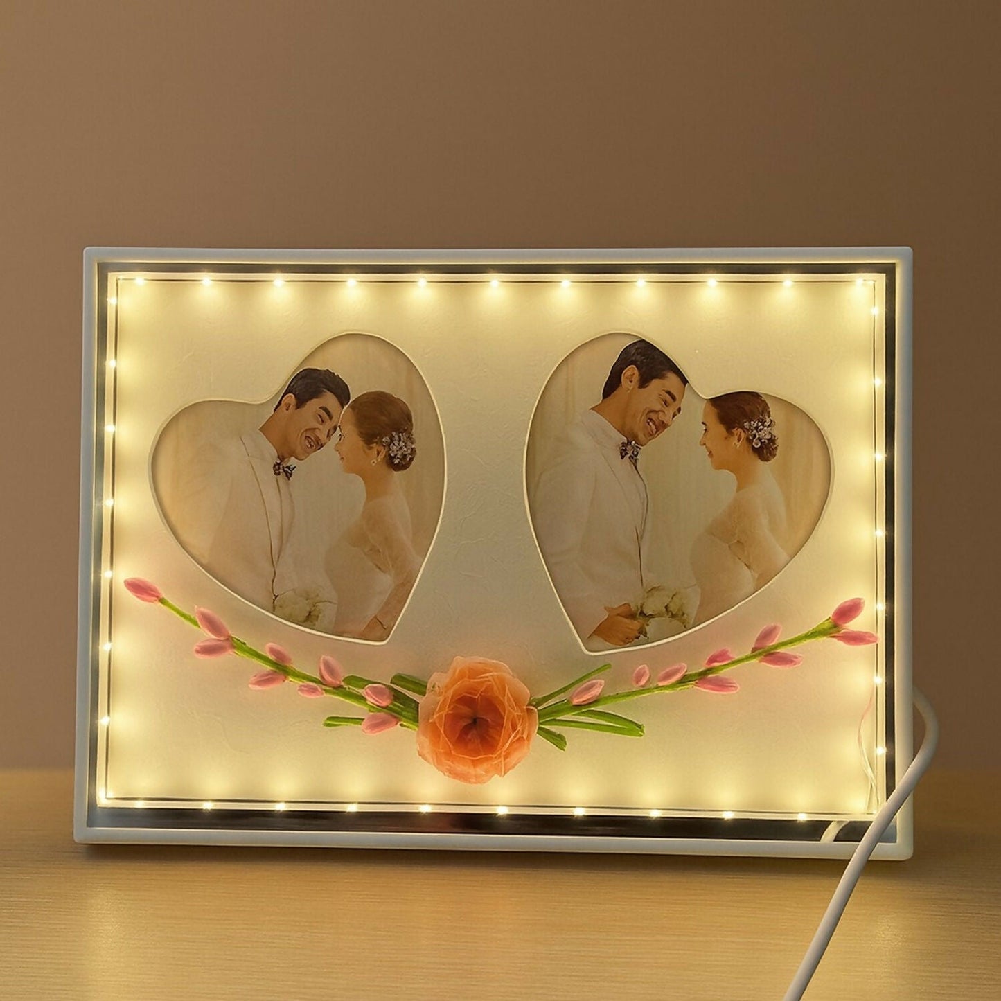 Romantic Dual Heart-Shape LED Light Photo Frame for Couple | Decorative Floral Wedding & Anniversary Picture Frame | USB Powered Warm Light Love Frame for Bedroom, Living Room & Gifting | Premium Couple Photo Display for Home DÃ©cor