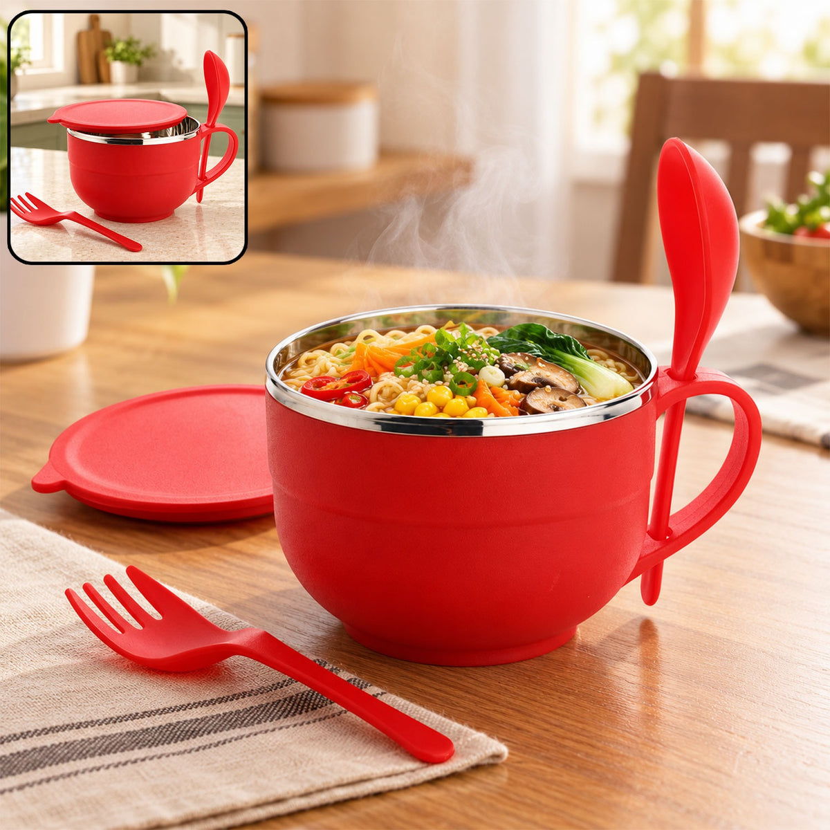Noodles & Soup Bowl with Spoon and fork Handle Spoon Holder, Stainless Steel Bowl and Spoon Set, Stainless Steel Storage