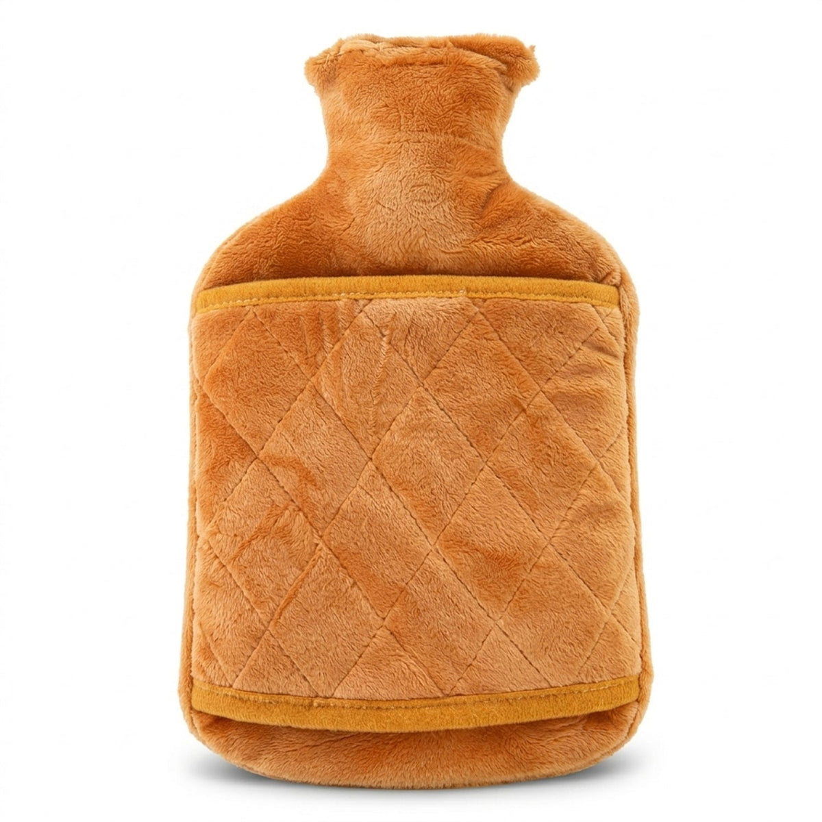 A front view of the rectangular orange hot water bottle with a quilted texture and a soft, plush cover.