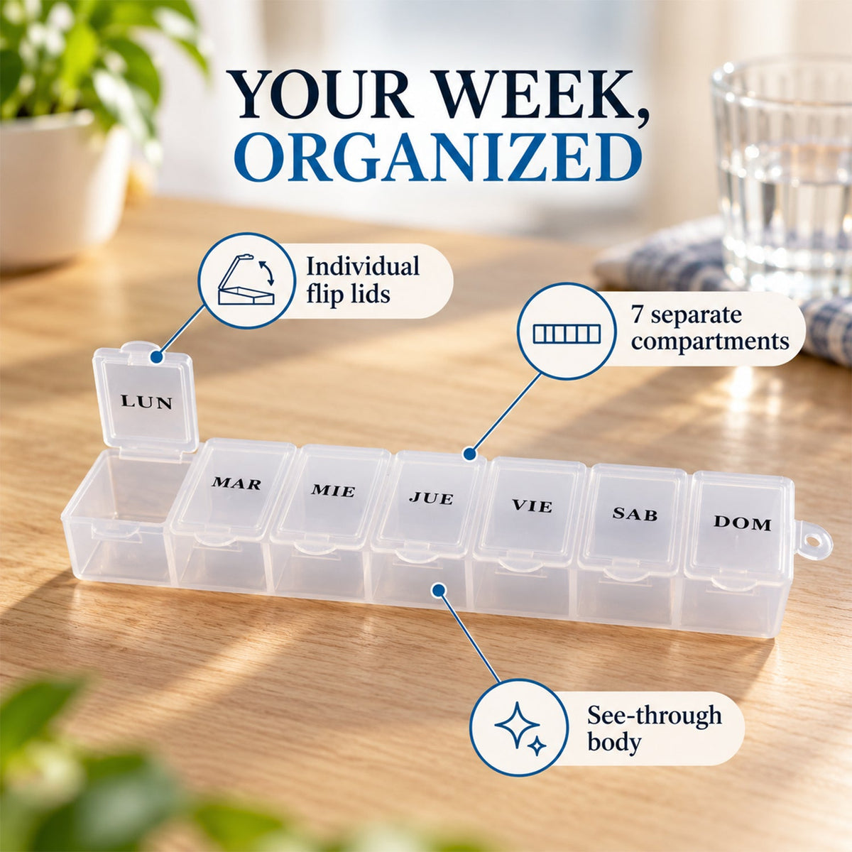 Weekly Pill Box with Individual Flip Lids for Travel Use (7 Compartment)