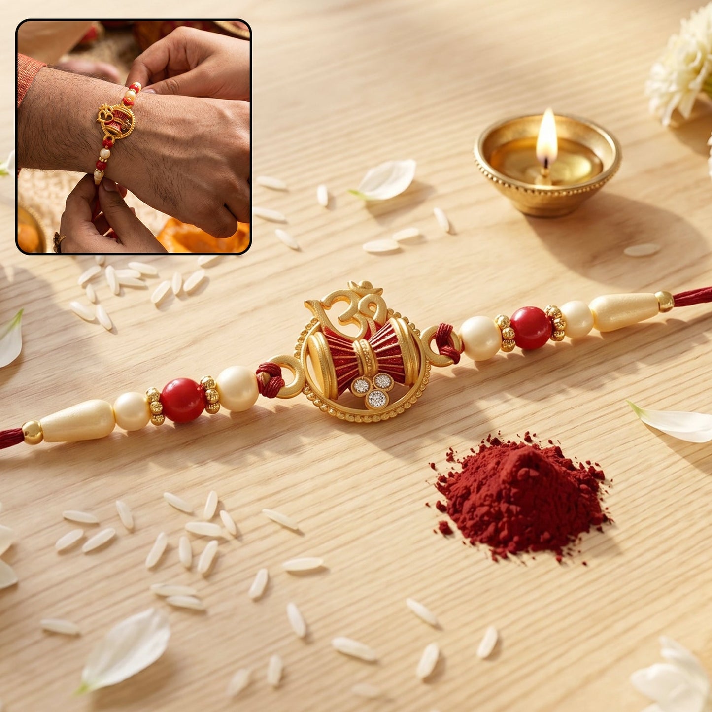 Golden Damru Om Rakhi featuring an Om symbol and decorative red and white beads.