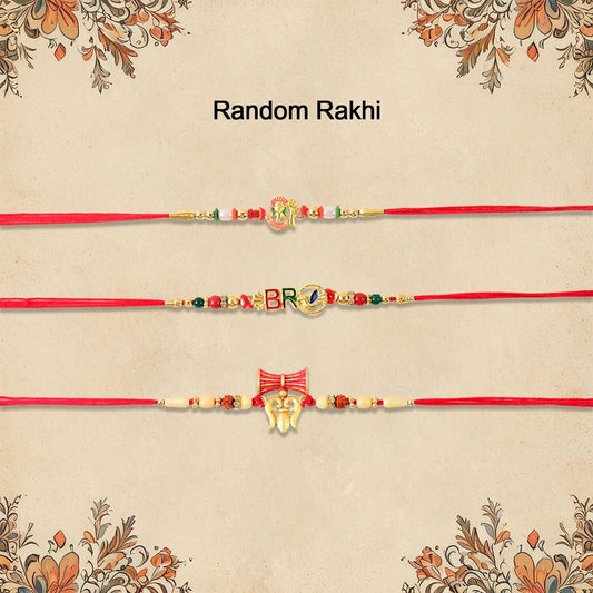 Elegant Gold-Toned Rakhi combo pack of three with diverse festive designs, perfect for Raksha Bandhan celebrations.