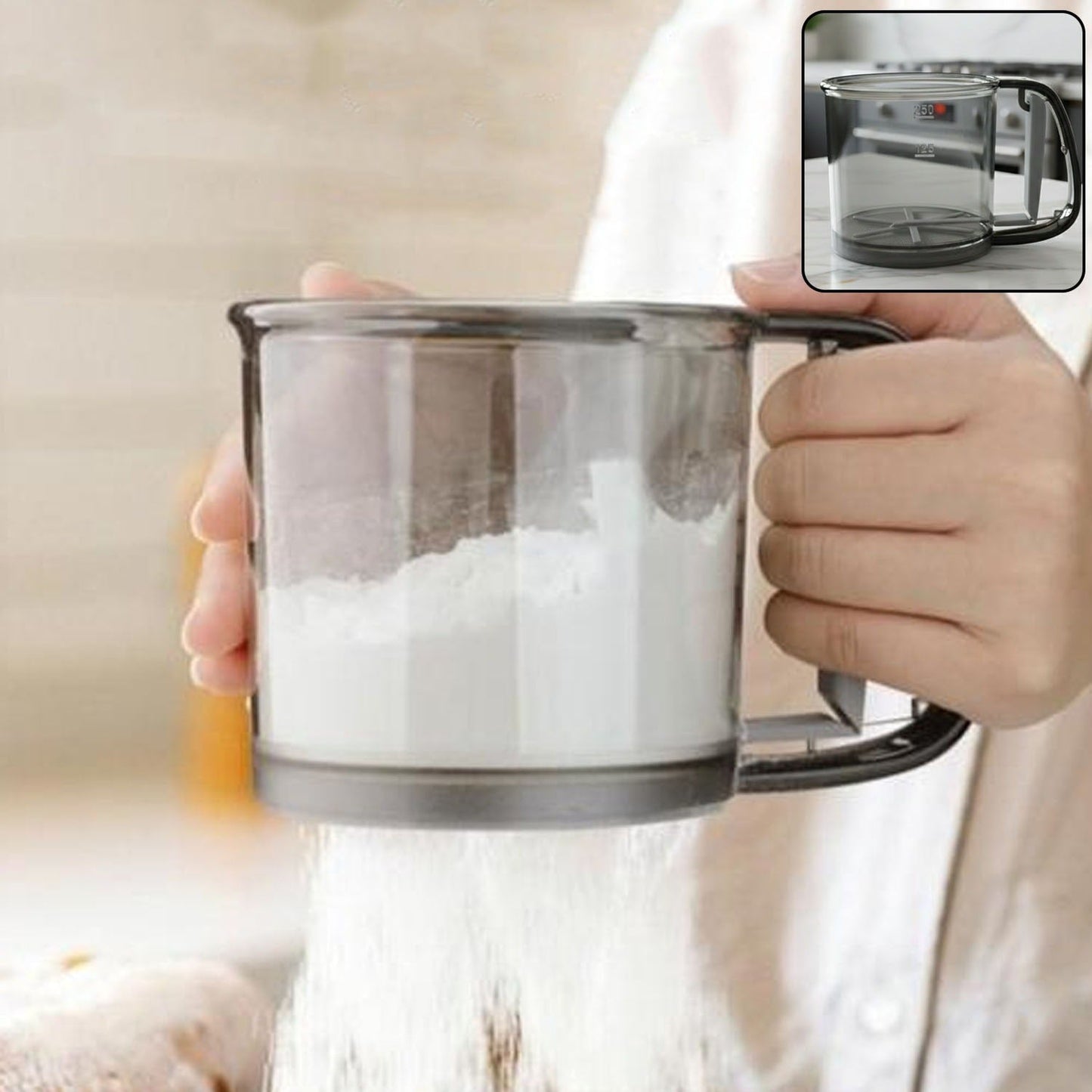 Plastic Flour Sieve Cup with Handle and Fine Mesh Filter for Kitchen Baking