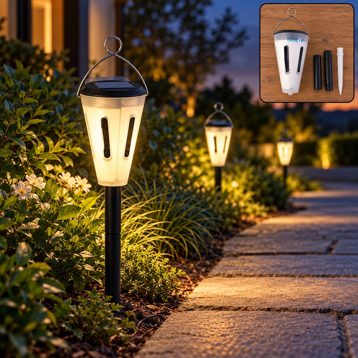 A solar-powered garden light illuminates a stone path with warm glow; an inset shows its components.