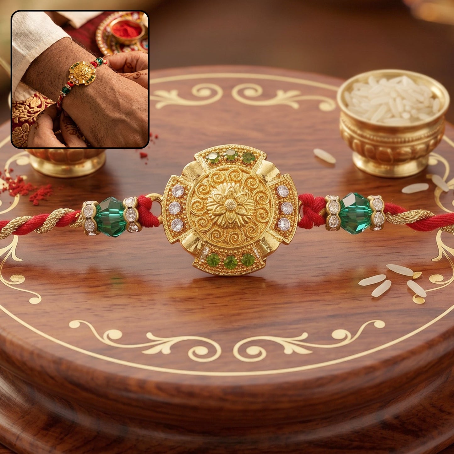 Front view of a stunning traditional gold floral Rakhi with green beads for Raksha Bandhan.
