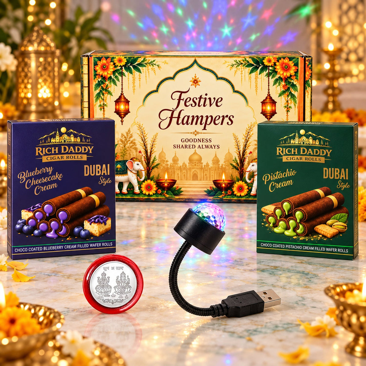 A festive hamper with two boxes of wafer rolls, a USB star galaxy light, and a silver coin.