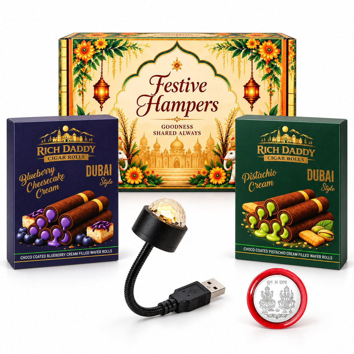A festive hamper with two boxes of wafer rolls, a USB star galaxy light, and a silver coin on a white background.