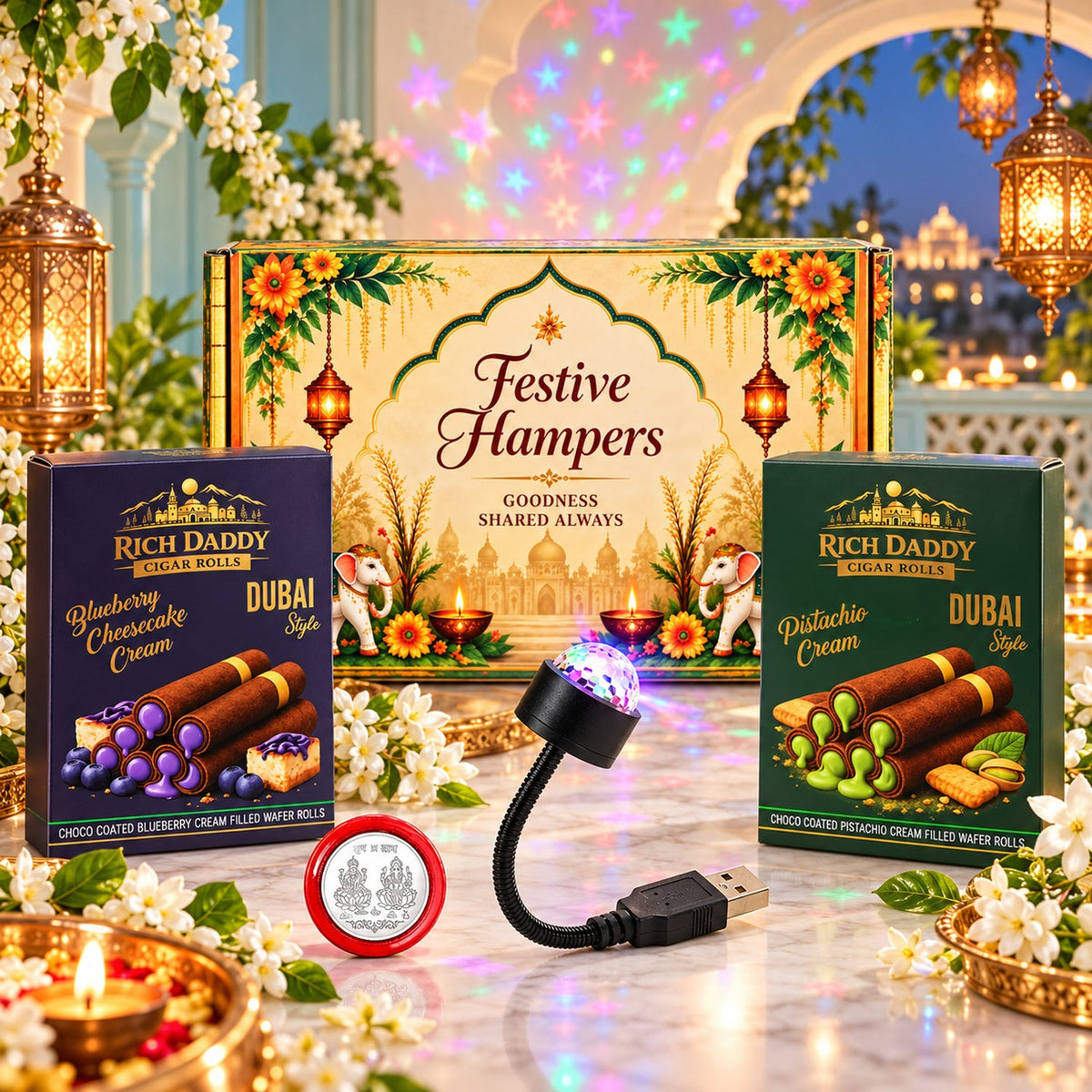 A festive hamper with two boxes of wafer rolls, a USB star galaxy light, and a silver coin on a marble surface.