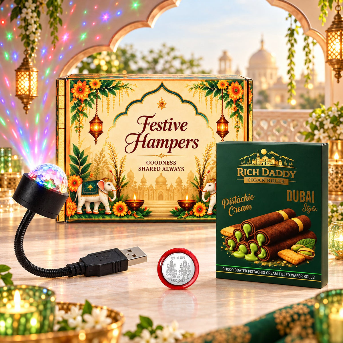 A festive hamper box, pistachio cigar rolls, a silver coin, and a USB galaxy light are displayed on a marble surface.