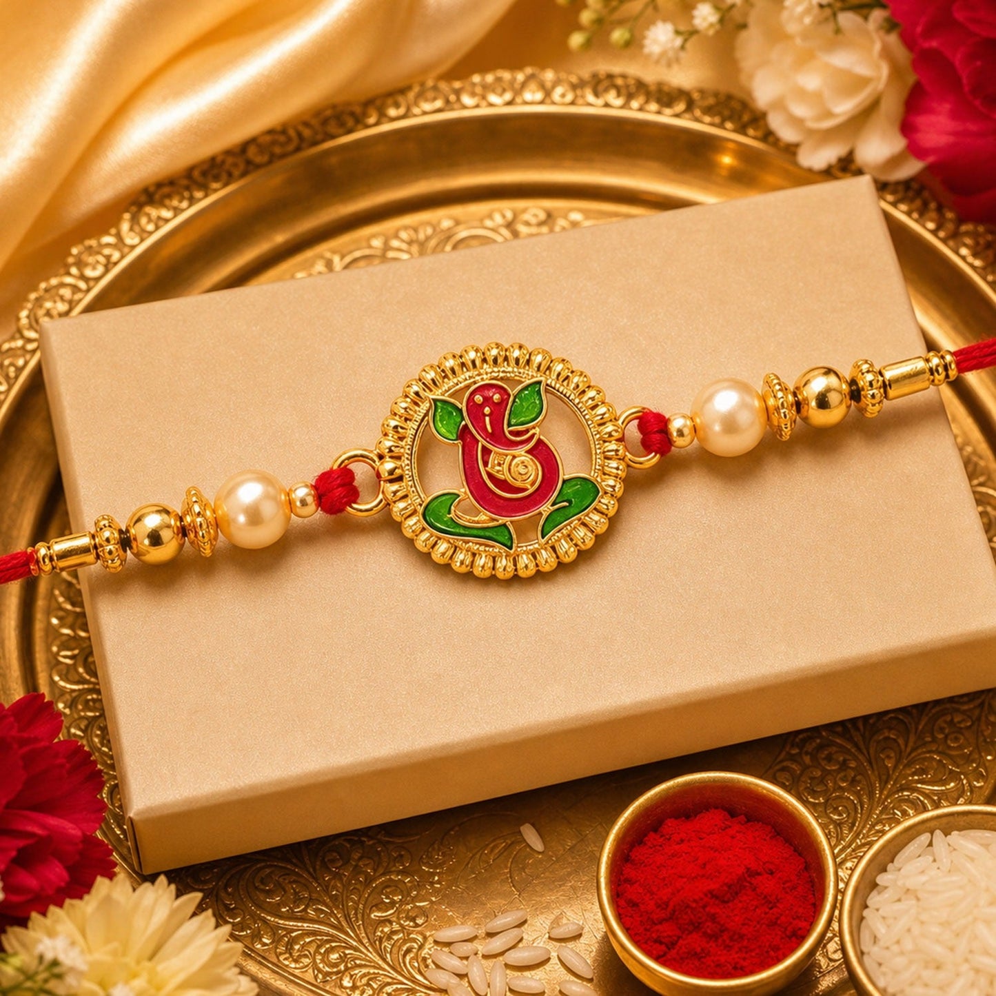 Traditional Ganesha Rakhi with vibrant enamel work and golden beads