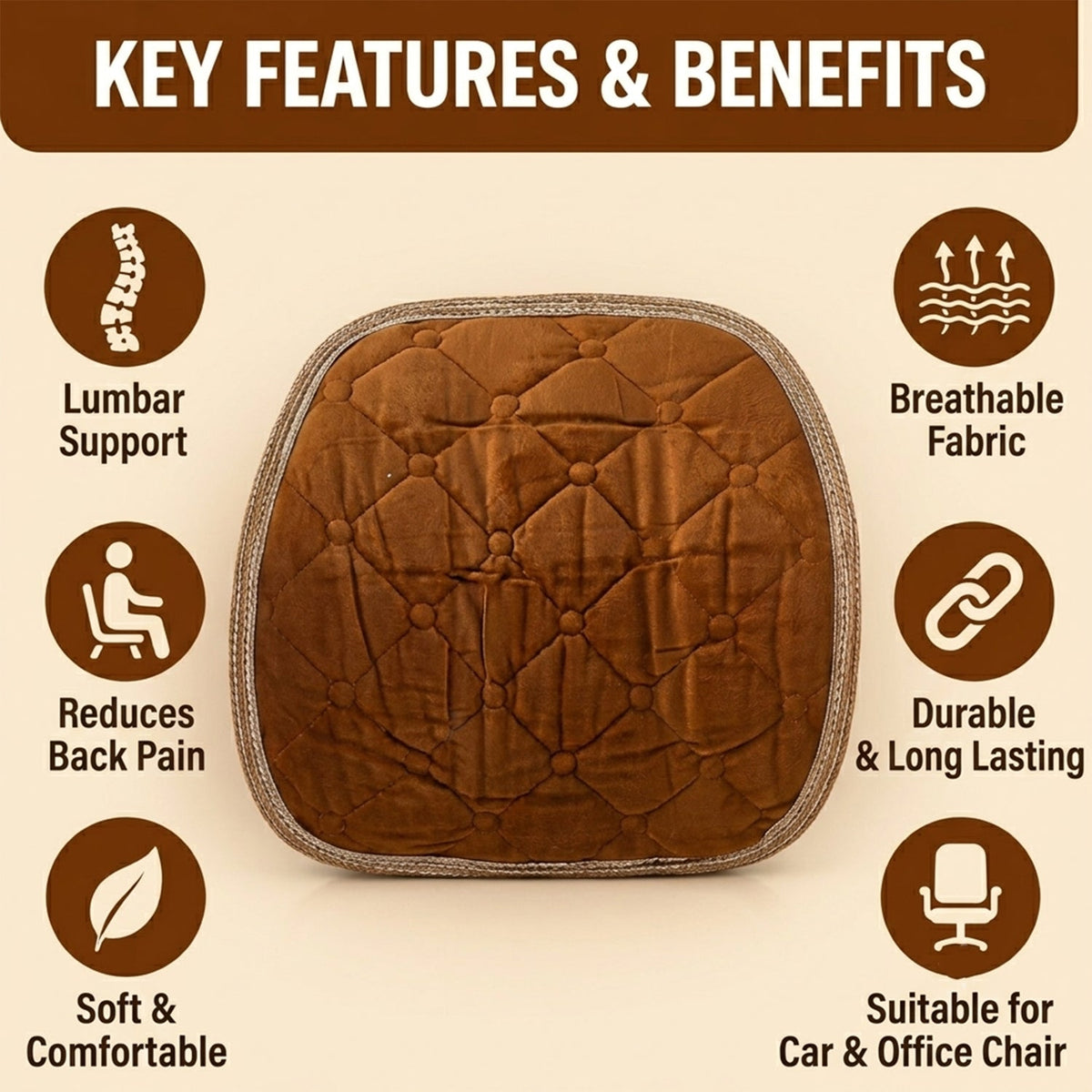 Brown quilted velvet cushion surrounded by icons illustrating its key features and benefits.