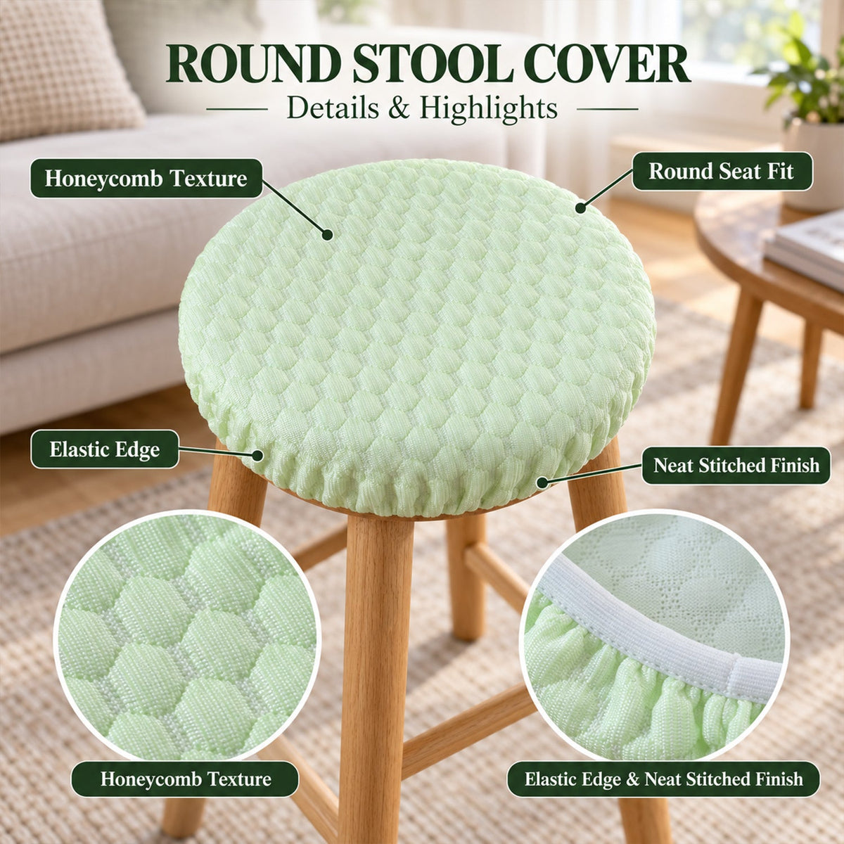 Textured Round Stool Cushion Cover with Elastic Edge (1 Pc, 26 x 26 Cm)