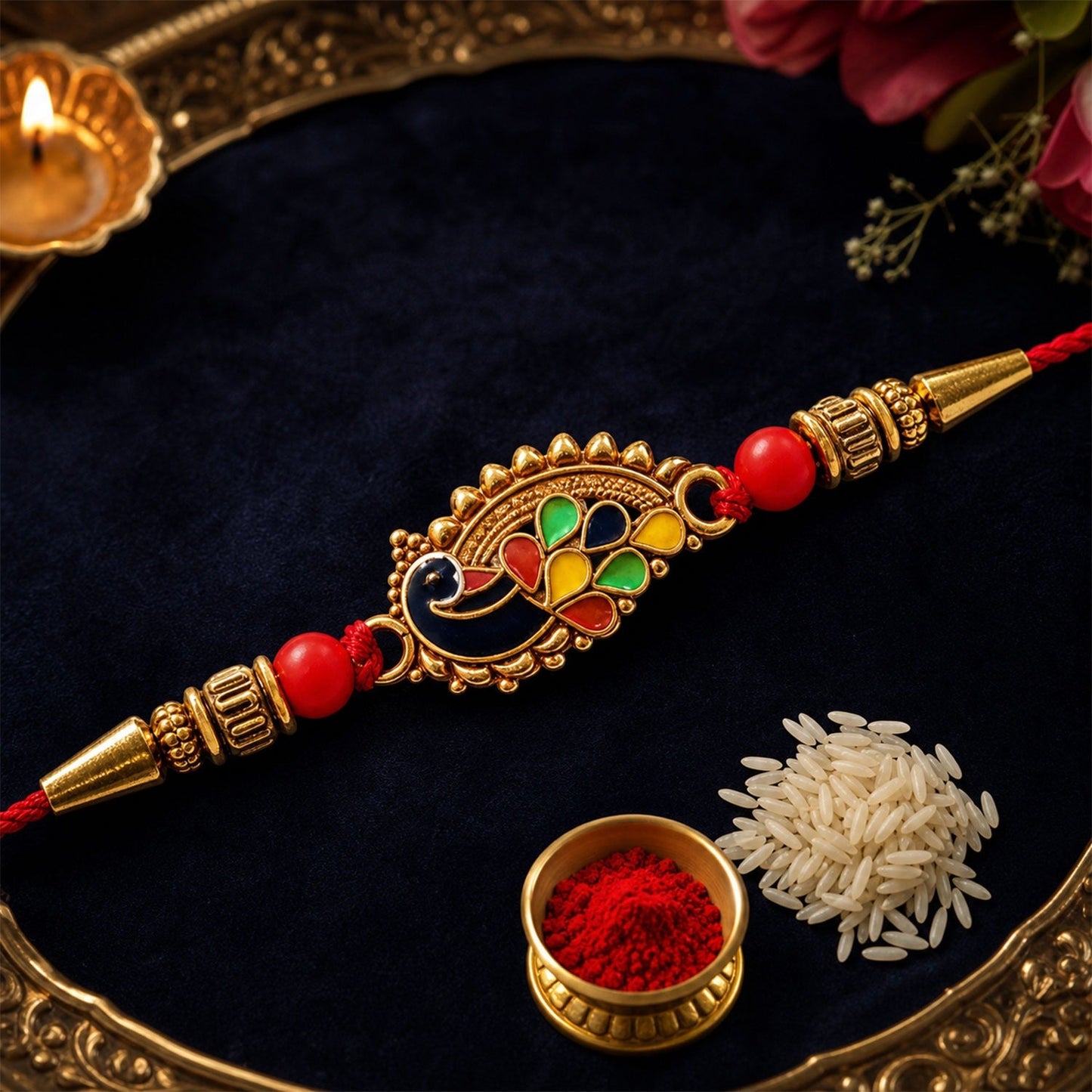 Golden Peacock Rakhi with red thread beads displayed beautifully for Raksha Bandhan.