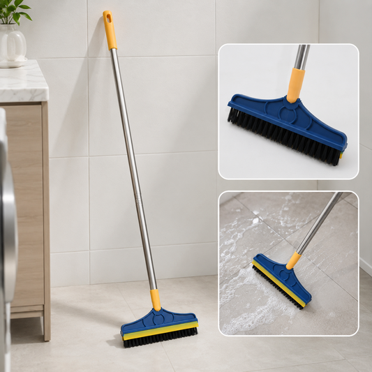 2 in 1 Cleaning Brush & Wiper , Long Handle Floor Brush, Rotatable Cleaning Brush for Bathroom, Kitchen, 120 Degree Triangular Rotating Brush Head with Wiper