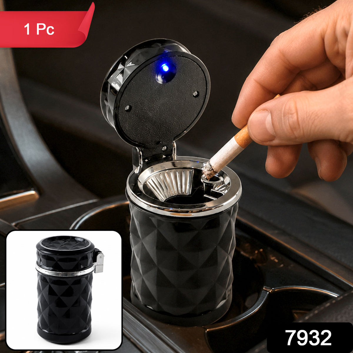 Car Cupholder LED Ashtray – Portable with Blue Light, Lid & Waste Bin, Cigarette Ashtray