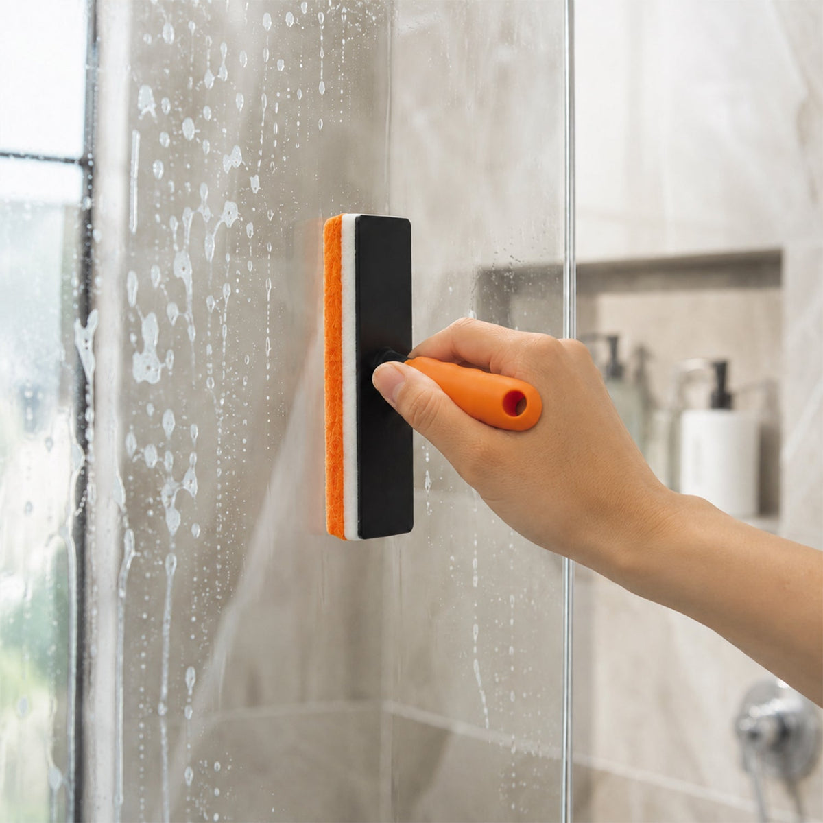 Cleaning pad wiping glass surface