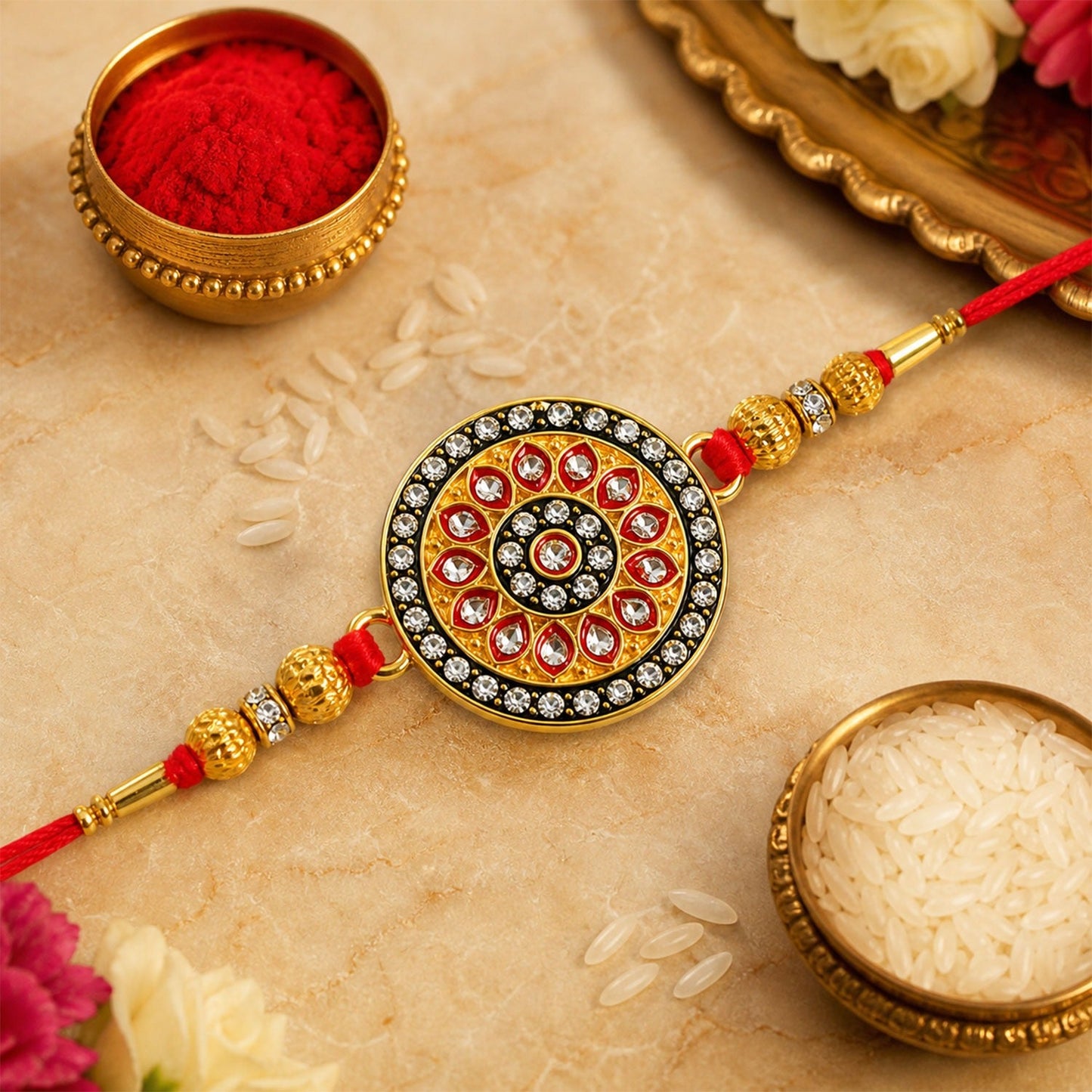 Royal Kundan Rakhi with golden beads and enamel work on display