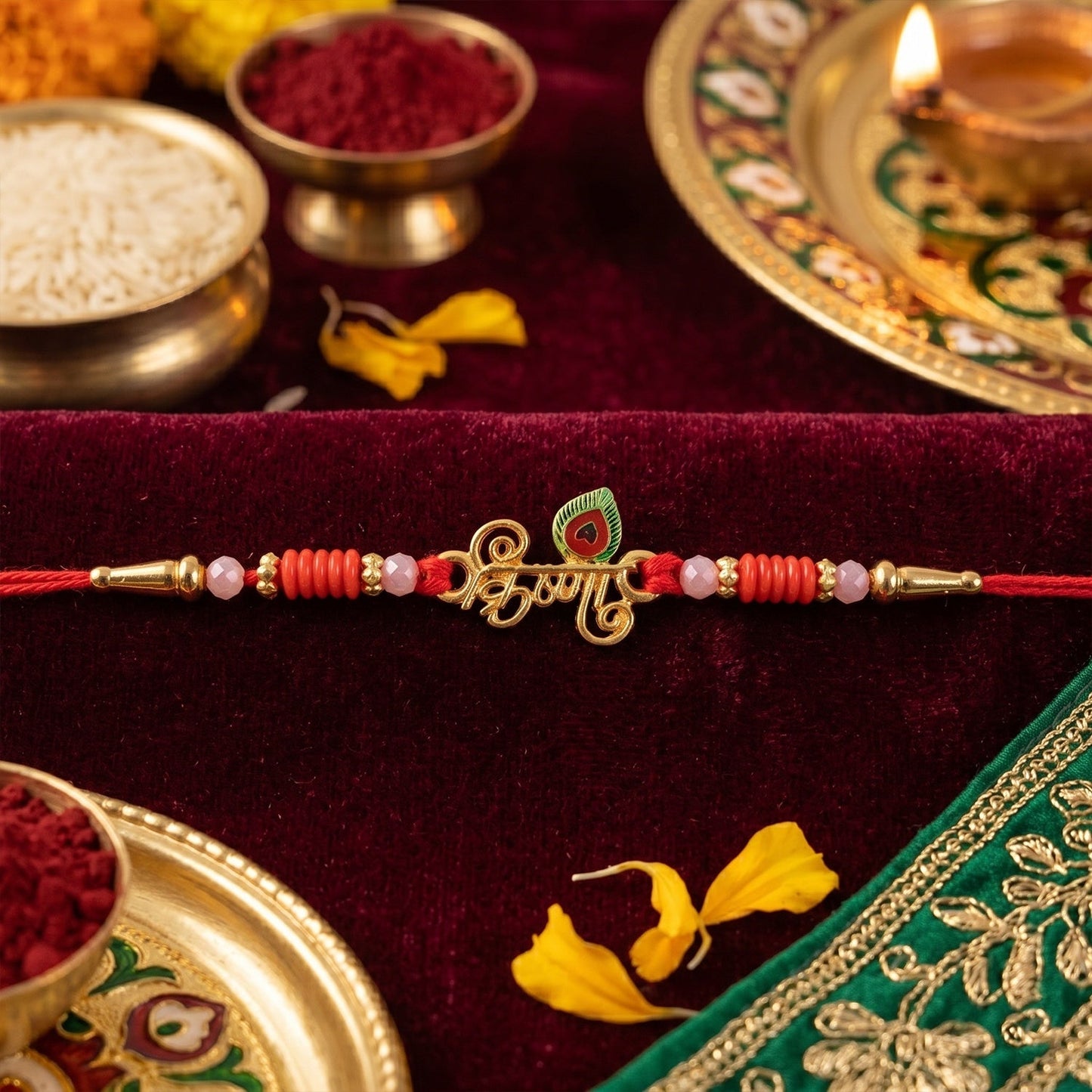 Decorative beads on Krishna Naam Devnagari Rakhi