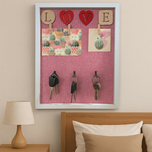 Decorative Wooden Wall Hanging Key Holder with 3 Hooks, Love Lettering & Cactus Print â€“ Stylish Wall Organizer for Home, Bedroom & Living Room â€“ Modern Wall DÃ©cor Key Hanger Frame (Pink, White Frame)