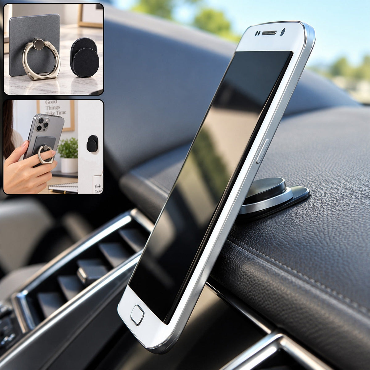 A silver smartphone is mounted vertically on a black car dashboard using a magnetic phone holder.