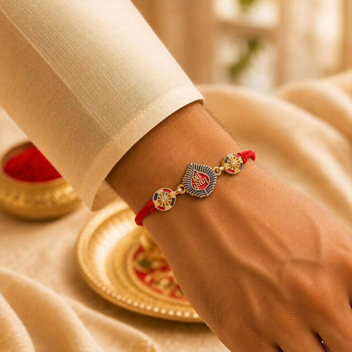 Elegant Shri Krishna motif Rakhi on a festive background