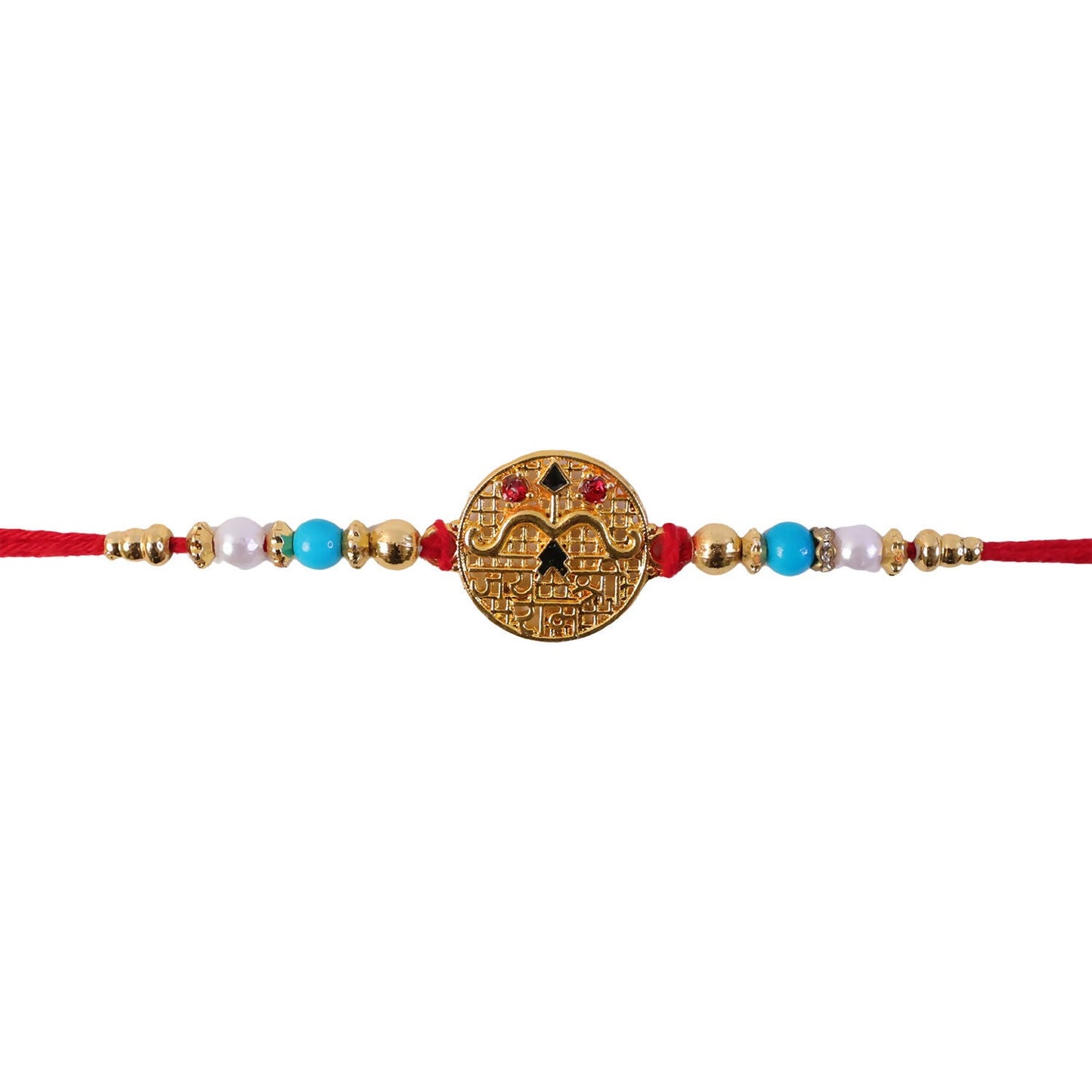 Detailed blue pearl work on Golden Shri Ram Rakhi