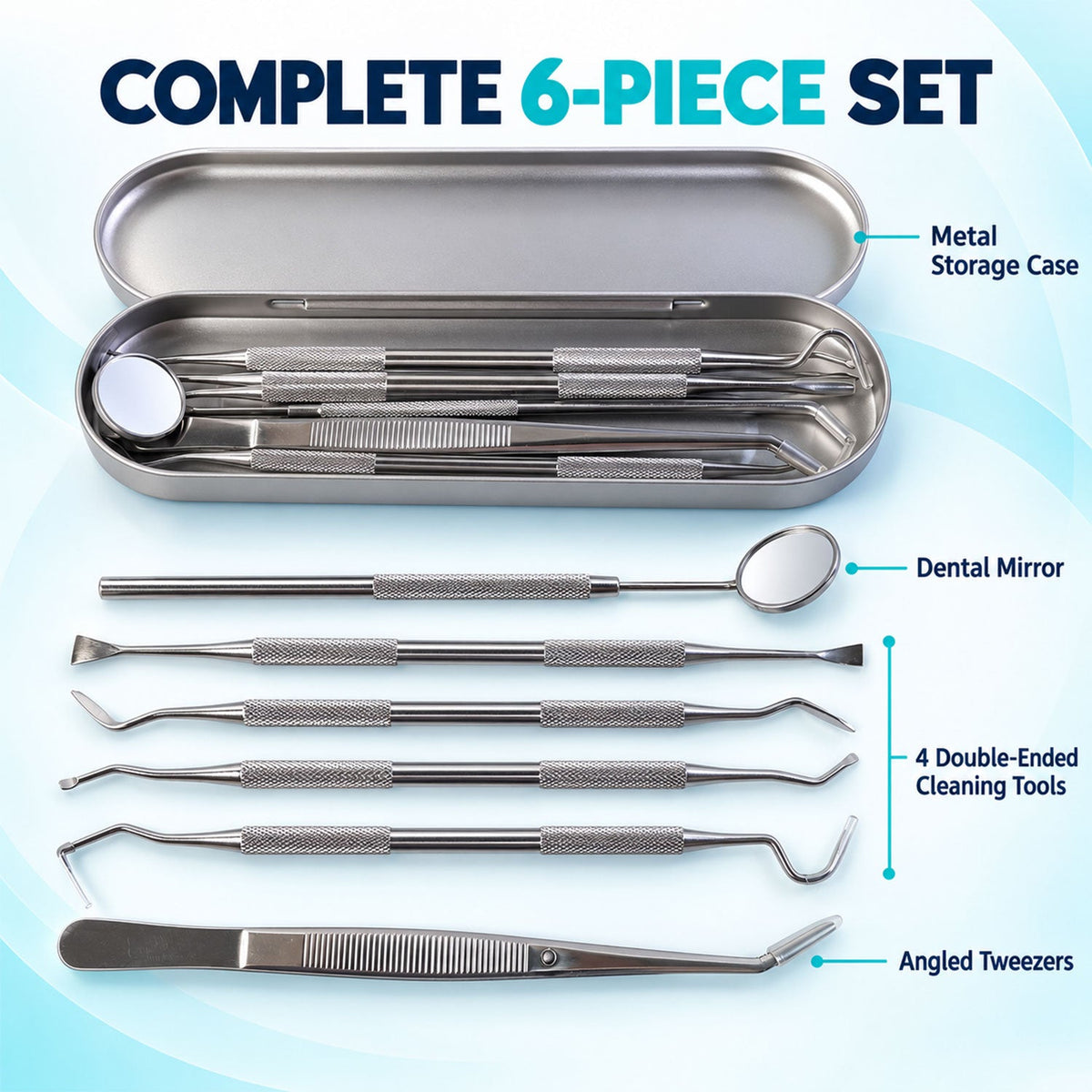 Stainless Steel Dental Tool Set with Mirror, Tweezers & Travel Case (1 Set)