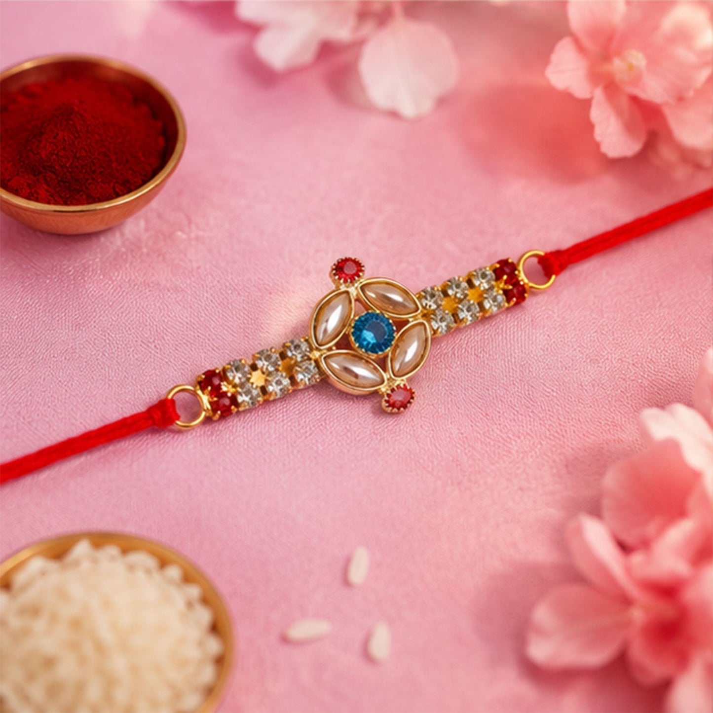 Close-up of decorative beads and pearls on blue floral Kundan Rakhi
