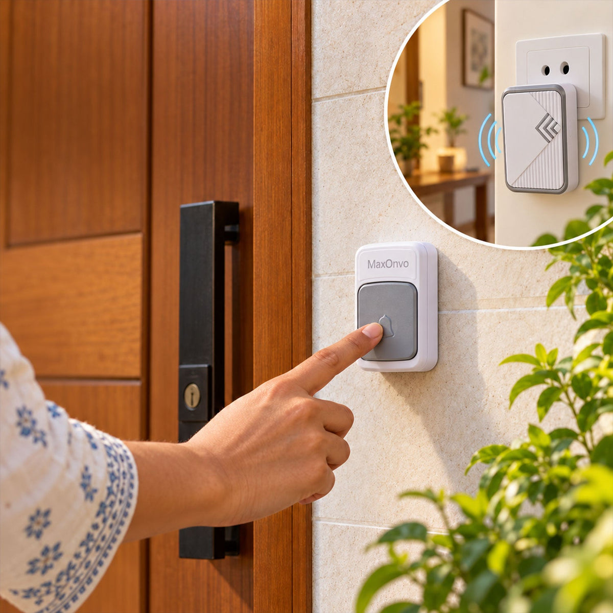 A person's hand presses a gray and white doorbell button mounted on a light-colored wall next to a wooden door. A circular