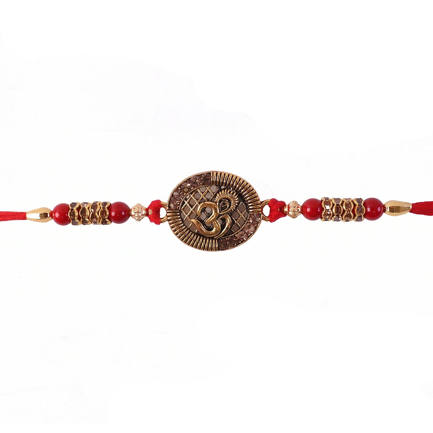 Full view of antique Om coin Rakhi with decorative thread and beads