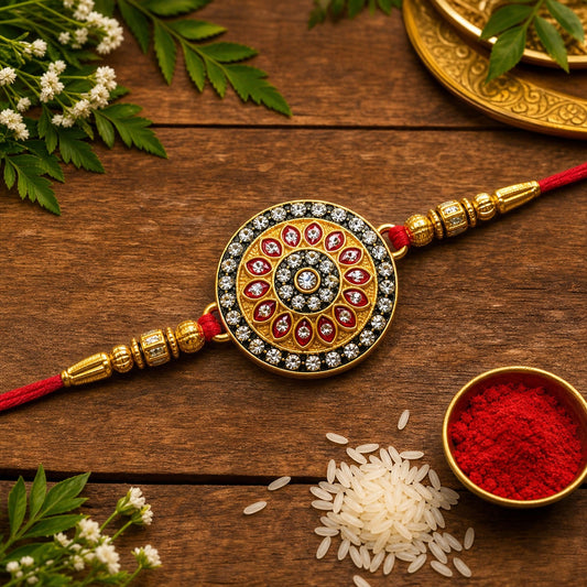 Royal Designer Rakhi featuring Kundan centerpiece with red and green enamel work and golden beads