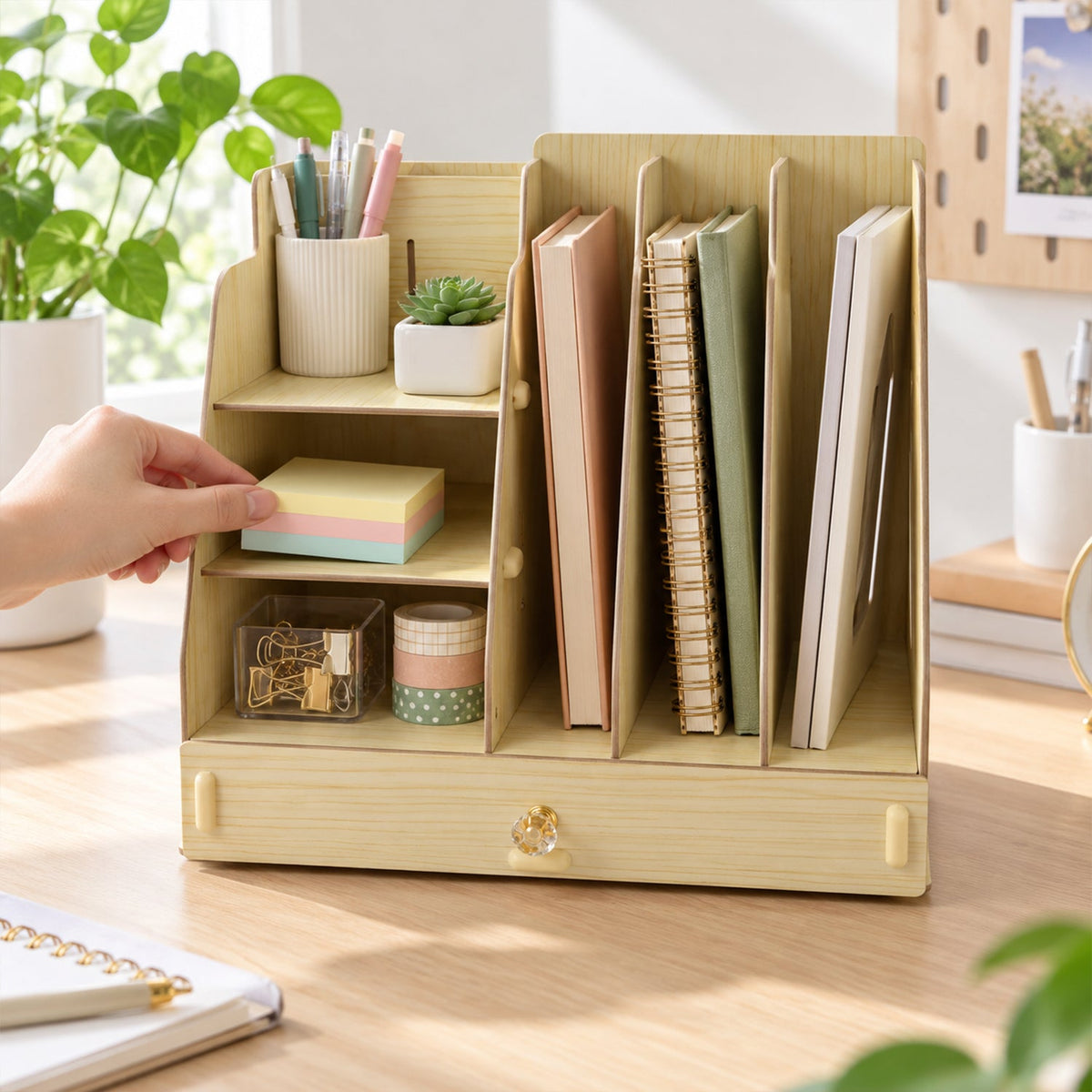 Wooden desk organizer with various stationery, a hand places colorful sticky notes on a shelf.