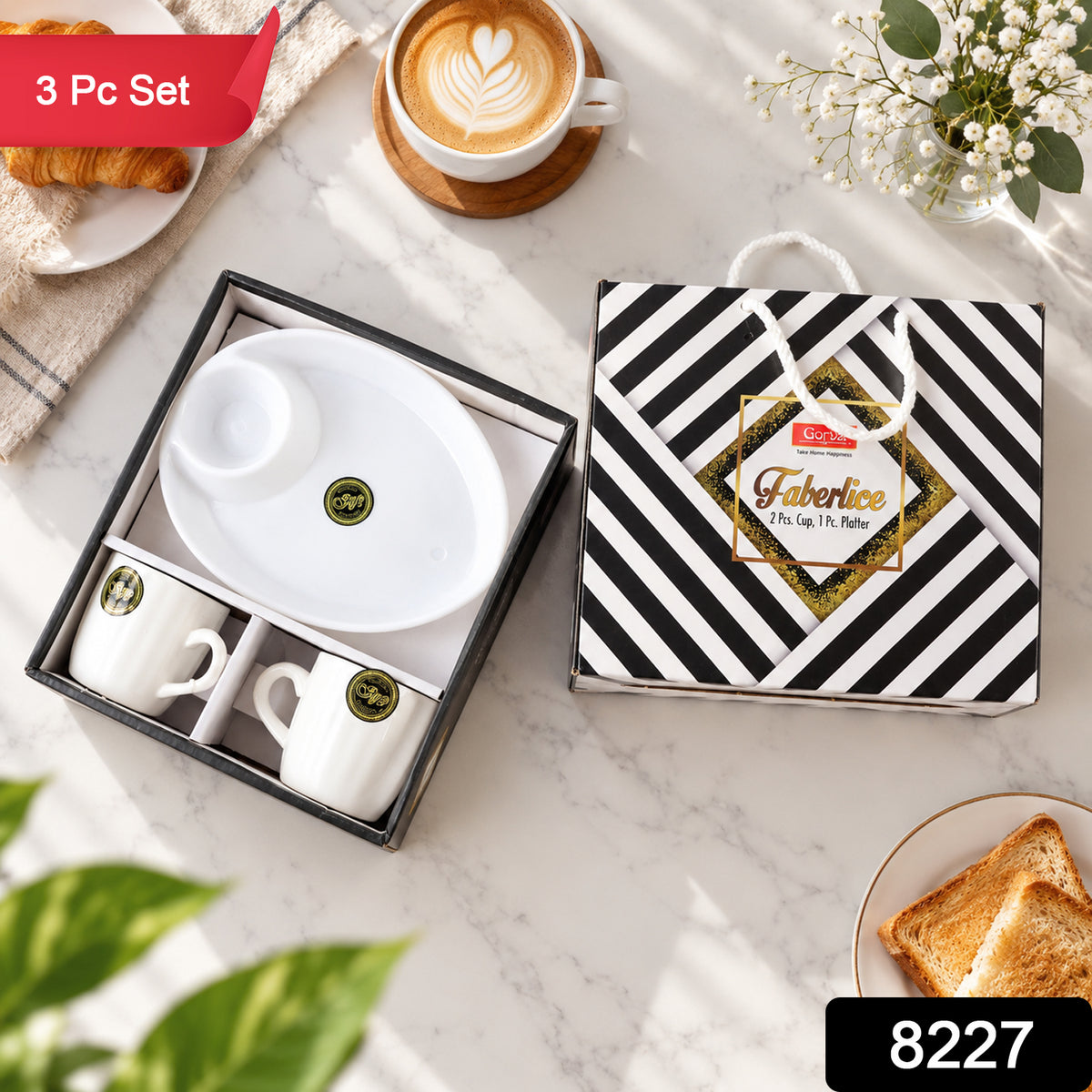 Ceramic Tea/Coffee Cup Set - Alpino 3-Piece with 2-Compartment Serving Platter (BPA-Free)