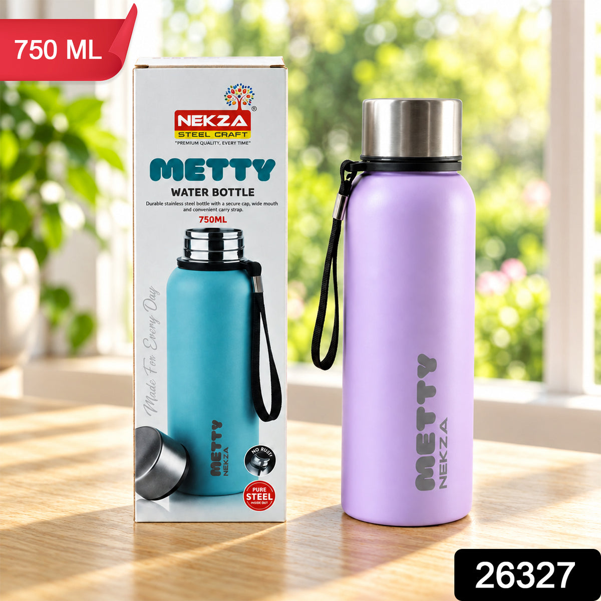 Metty Stainless Steel Water Bottle with Screw Cap and Carry Strap (750 ML)
