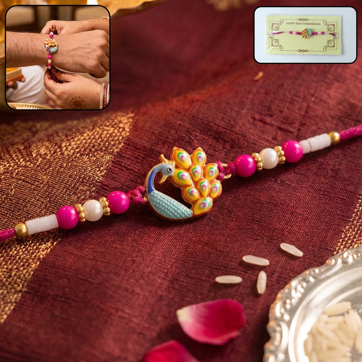 Colorful Peacock Meenakari Rakhi with decorative beads and soft thread