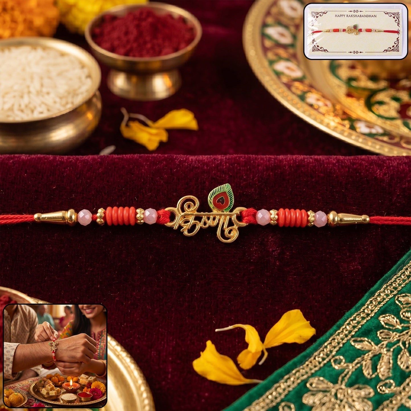 Krishna Naam Devnagari Peacock Feather Designer Rakhi with beads