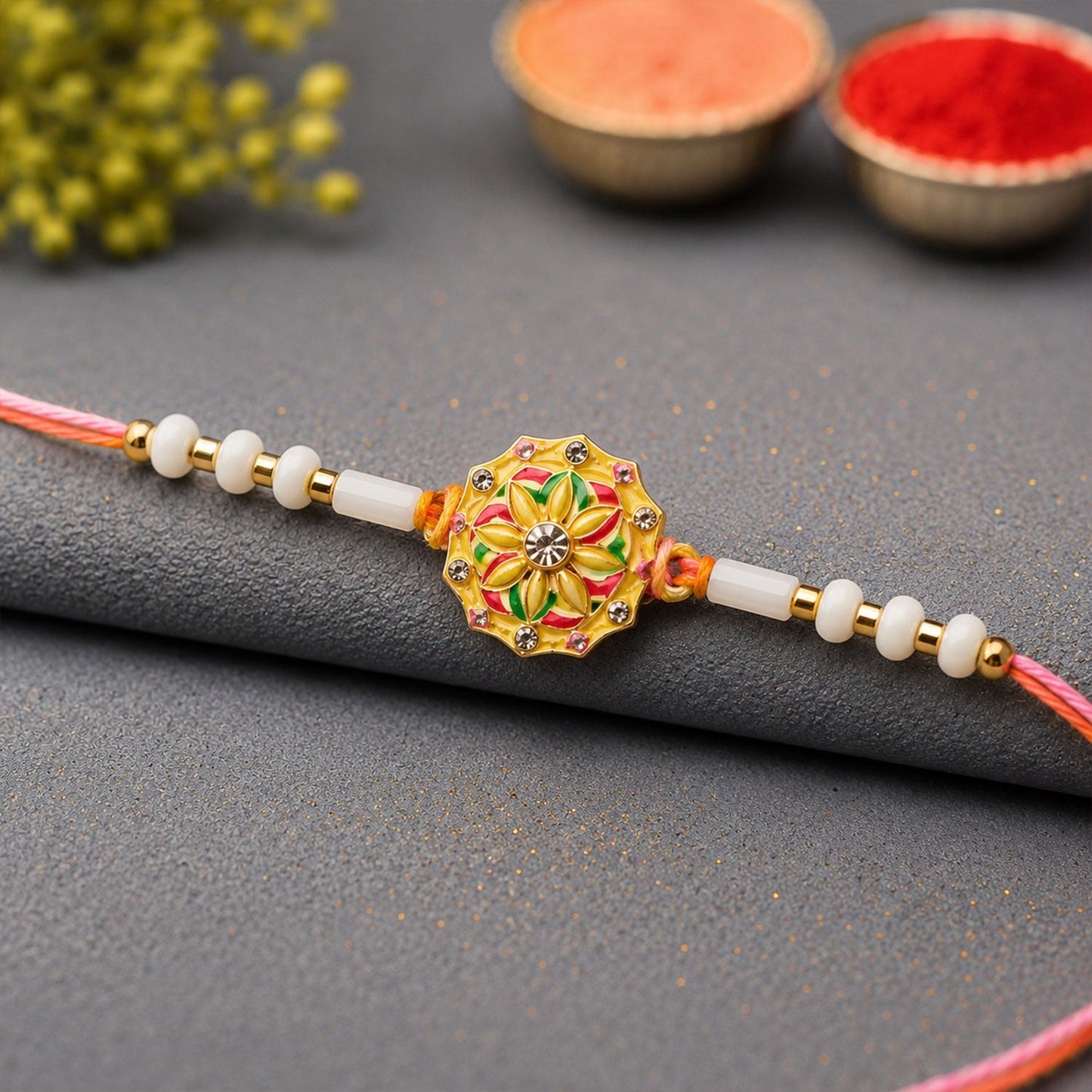 Floral Rakhi with delicate white beads, perfect for Raksha Bandhan celebrations.