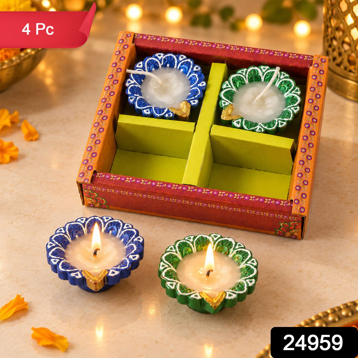 Decorative Flower-Shaped Clay Wax Diyas in Blue & Green (4 Pc)