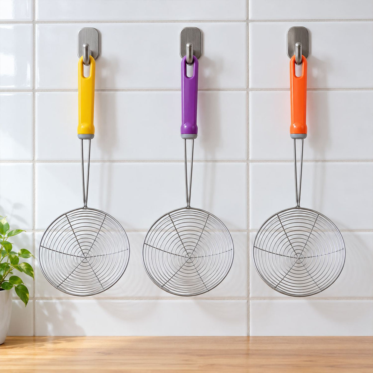 Stainless Steel Frying Oil Strainer Skimmer Spoon with Plastic Handle, Set of 3